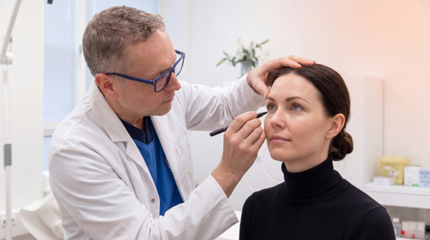 A medical professional in a white lab coat is marking the eyelids of a woman seated in front of him. The woman is looking directly ahead, with her hair tied back, wearing a black turtleneck. The setting appears to be a clinical environment, with medical