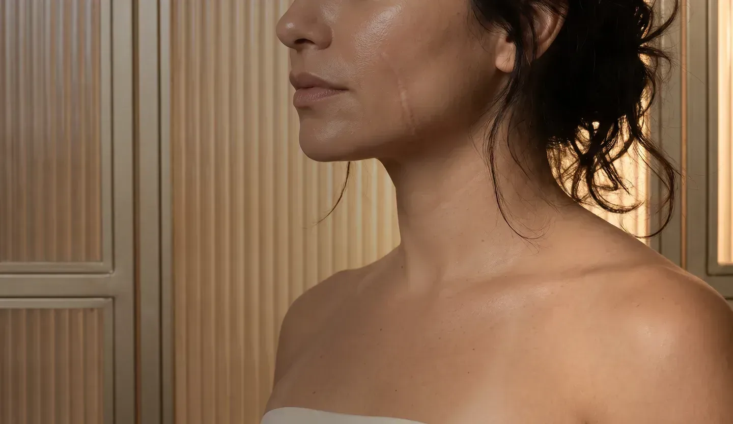 Close-up of skin in warm light – scar treatment at Skulpturkliniken
