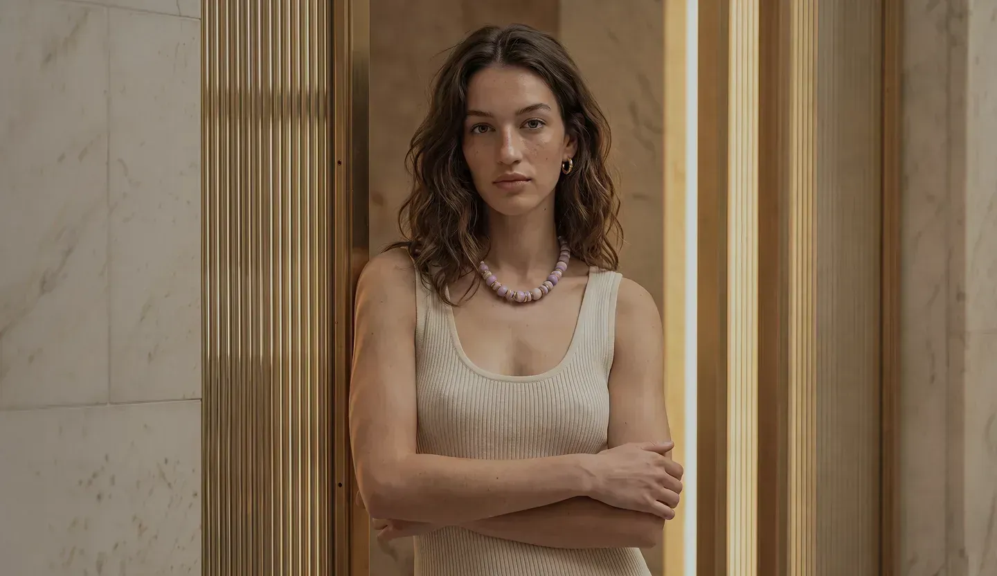 Woman in silk touching her décolletage – breast surgery at Skulpturkliniken