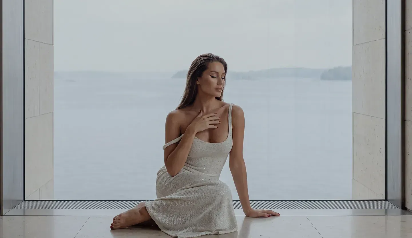 Woman in a light-colored swimsuit by a window – breast surgery at Skulpturkliniken