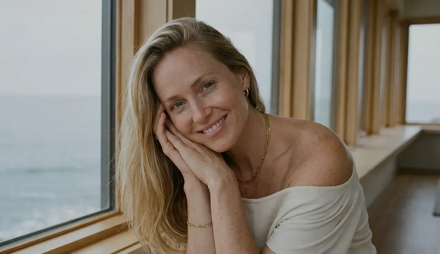 Woman resting in a bright lounge chair – longevity and wellness treatments at Skulpturkliniken