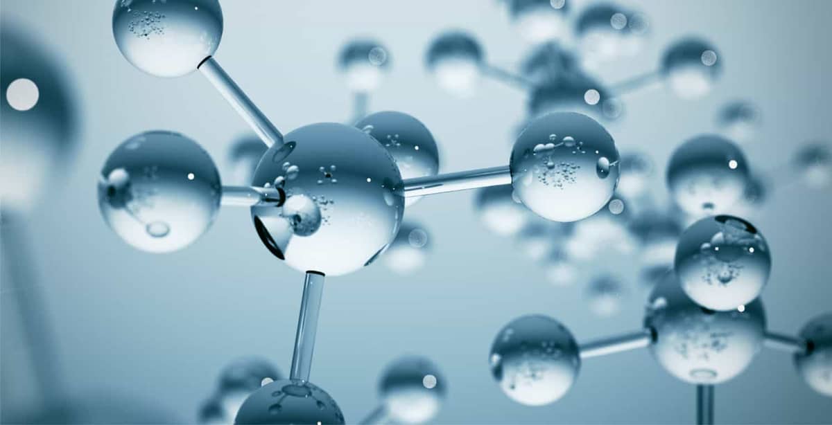 Illustration of a blue molecular structure with transparent spheres