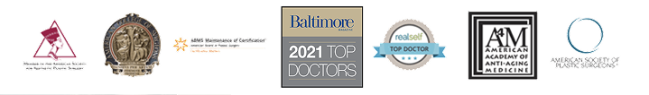 Medical achievement logos for Dr. Michael Cohen: Facial Plastic Surgery board, ABMS certification, Baltimore Magazine and Washingtonian Top Doctor awards.