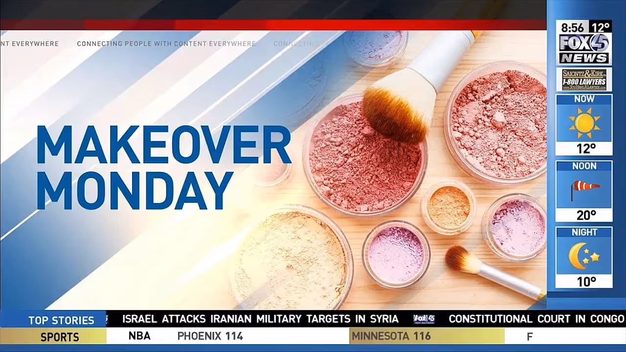 The text 'MAKEOVER MONDAY' in bold blue letters, positioned prominently on the left side of the image, overlays a collection of cosmetic powders and a makeup brush on a light background.