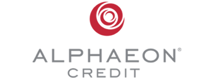 A red circular logo with a spiral design, accompanied by the text 'ALPHAEON CREDIT' in dark gray.