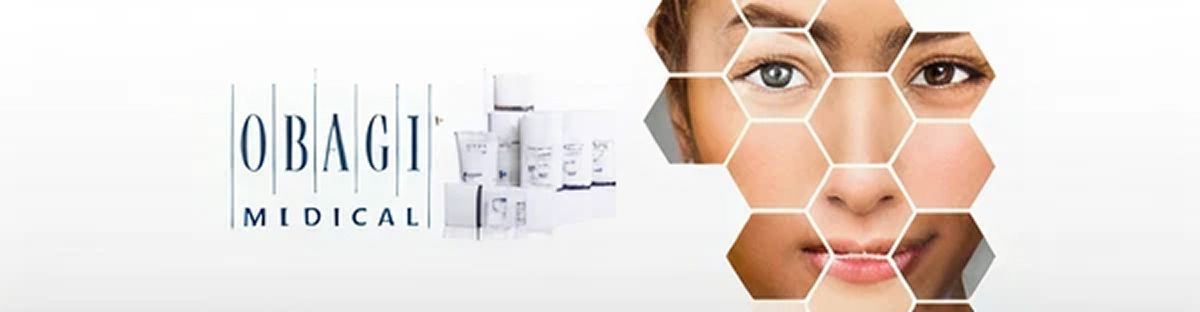 The logo features the text 'OBAGI' in bold blue letters, with 'MEDICAL' in smaller font directly underneath. Accompanying the logo is an image of a woman's face divided into hexagonal shapes, emphasizing clear skin, alongside a stack of skincare product.