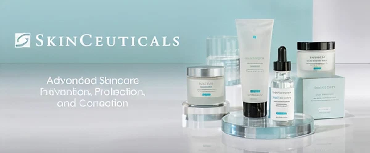 SkinCeuticals logo in white text, with the tagline 'Advanced Skincare Backed by Science' underneath in light gray, accompanied by product containers displaying various skincare items.