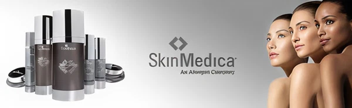 The logo 'SkinMedica' with the tagline 'An Allergan Company' in a stylized font, accompanied by images of several skincare products including bottles and jars arranged to the left.