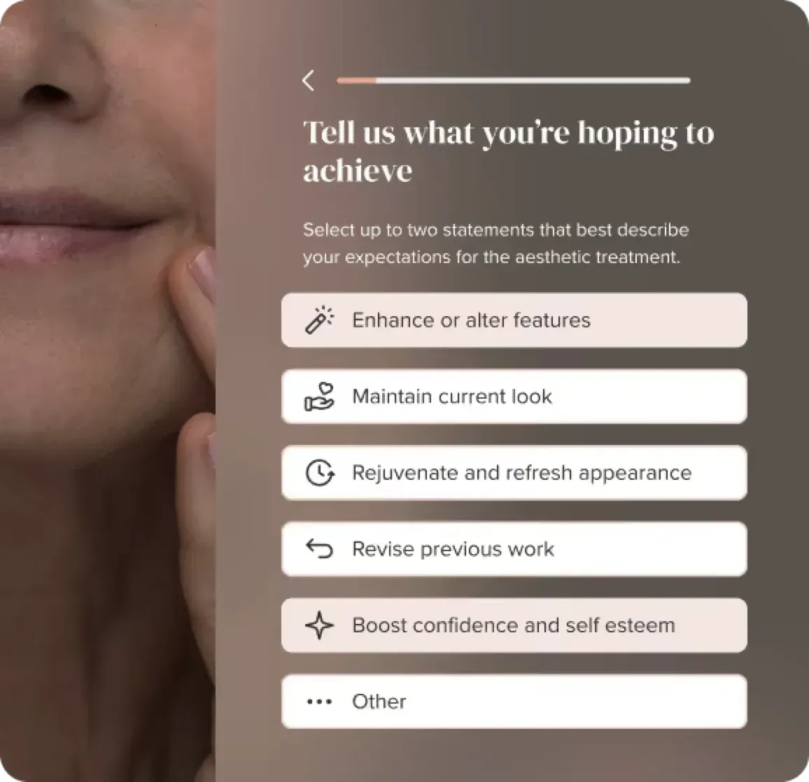 Adoreal app screen: Tell us what you're hoping to achieve, with selectable expectation statements.