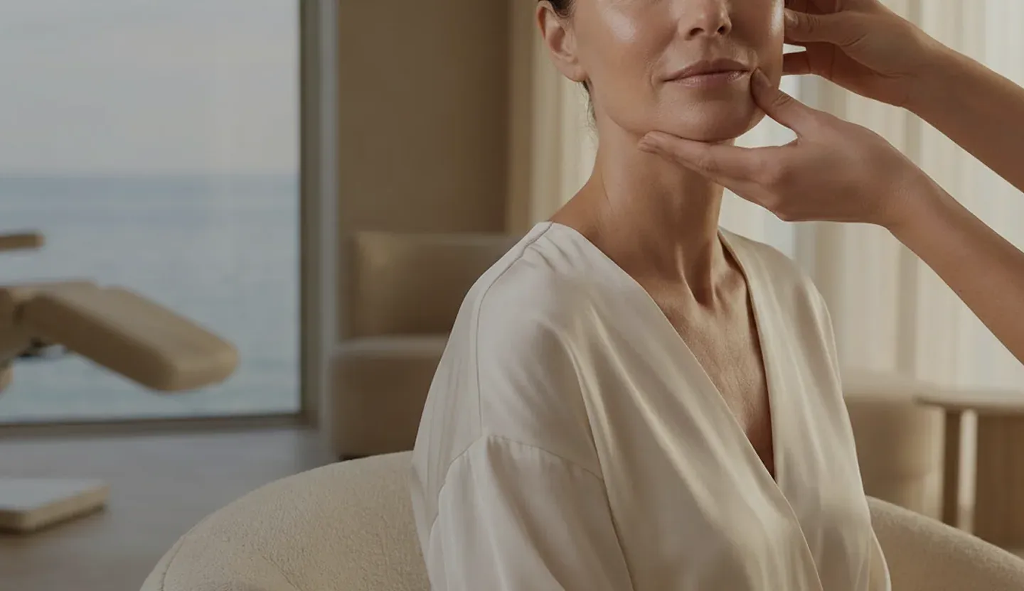 Patient in consultation, hand resting at the jawline