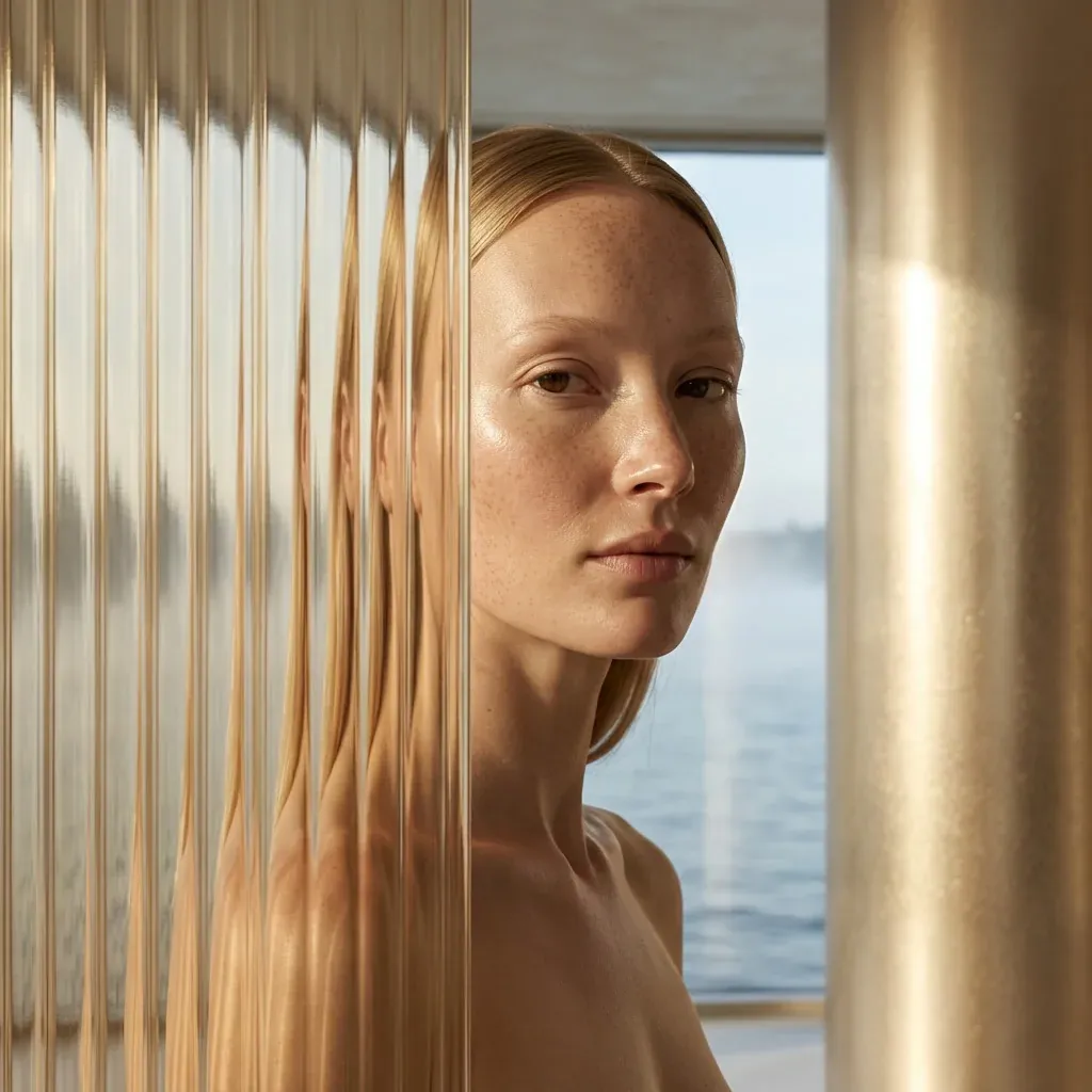Portrait beside fluted glass in warm daylight