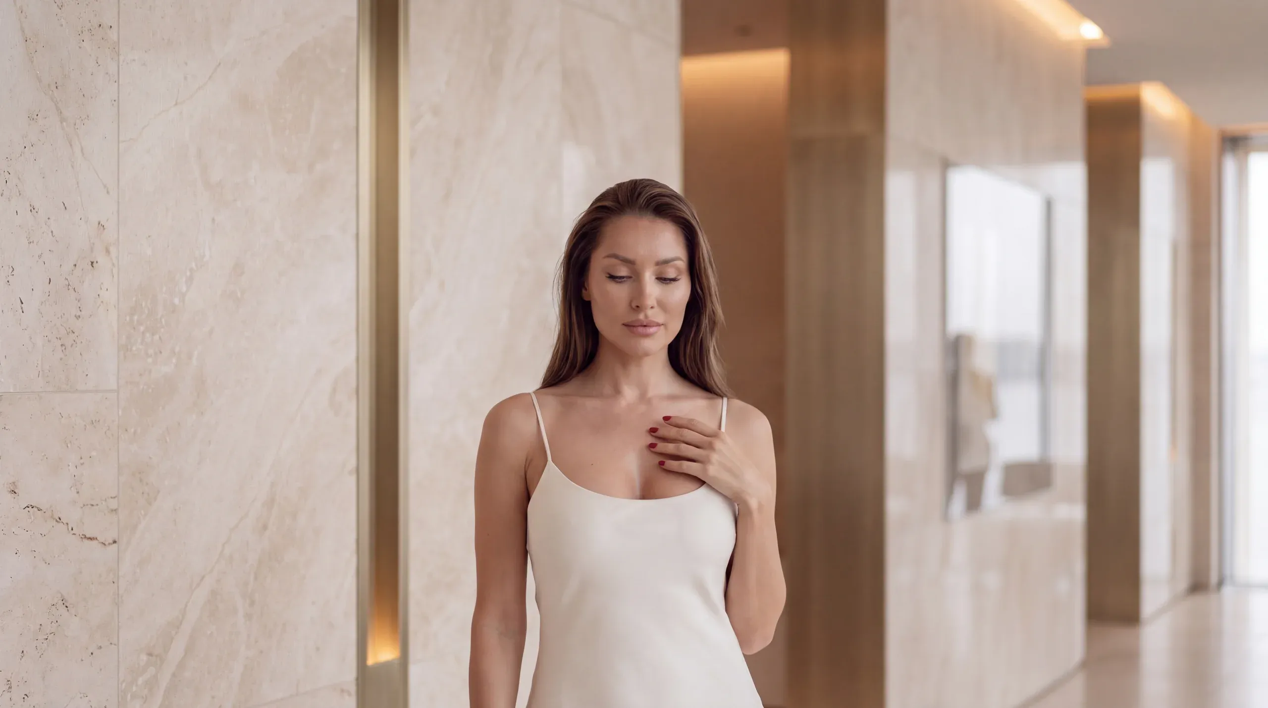 Woman in a hallway, implant-based breast reconstruction