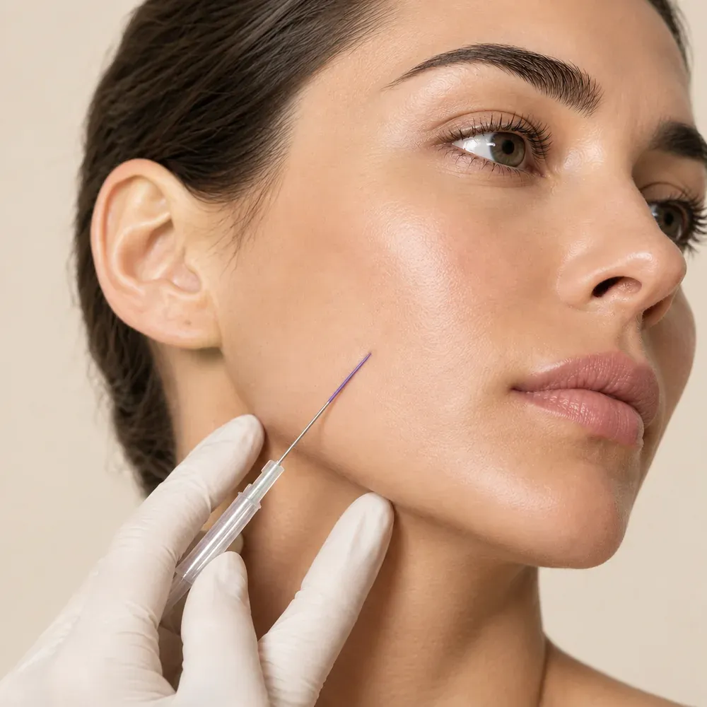 Thread lift being performed, cannula placed along the jawline