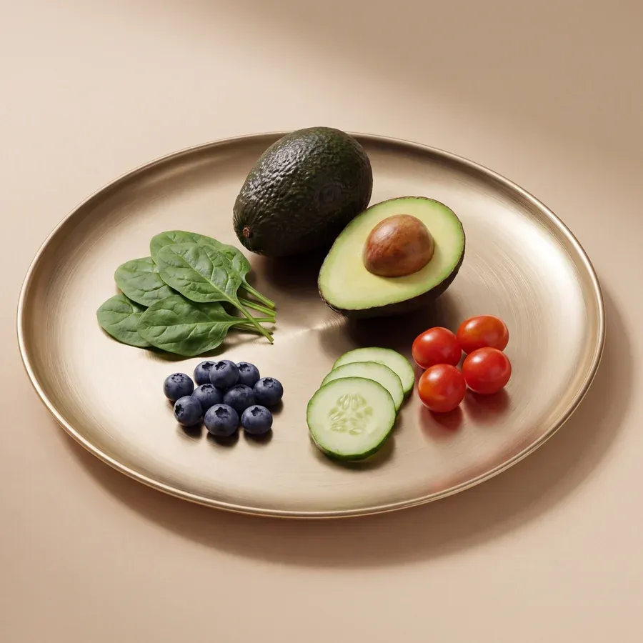 Plate with avocado, spinach, blueberries, cucumber and tomatoes