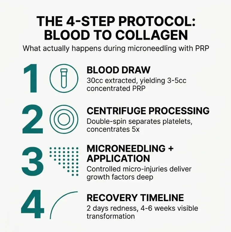 Infographic outlining the 4-step protocol for microneedling with PRP, including blood draw, processing, application, and recovery timeline.